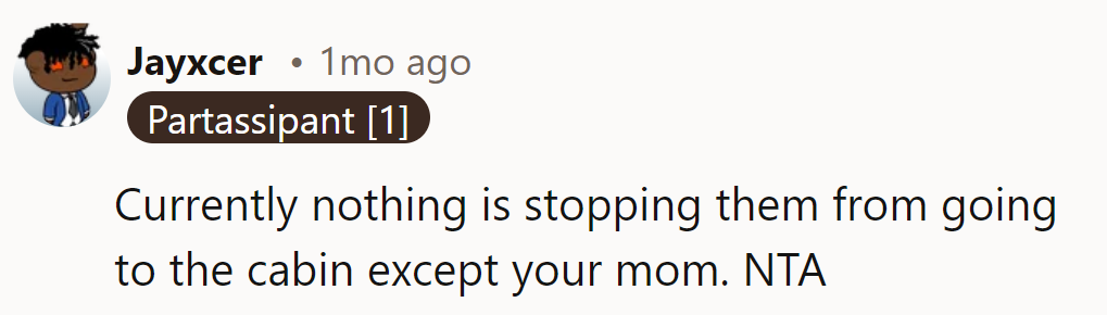 Mom's the only roadblock to the cabin getaway!