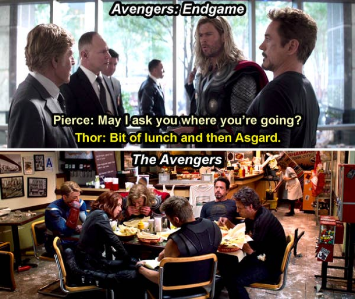 52. In 'Avengers: Endgame' Thor references the post-credits shawarma lunch from the 'Avengers'
