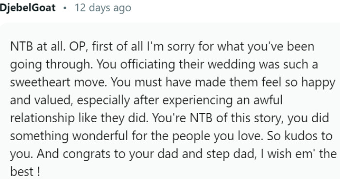 OP hailed as a sweetheart for officiating his dad's and stepdad's wedding