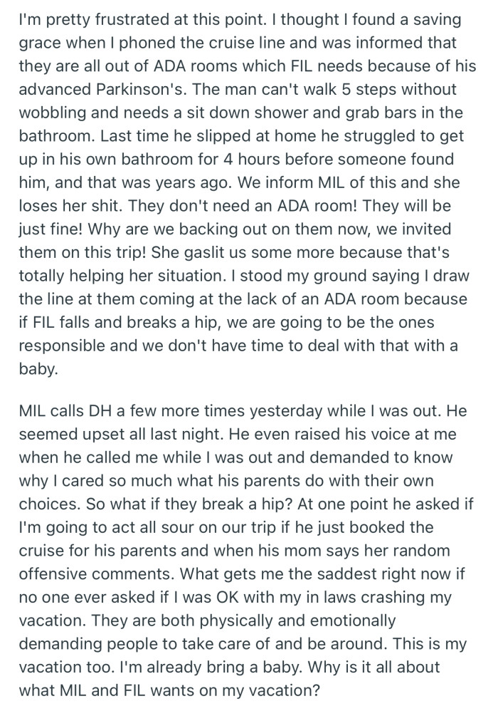 OP and her husband are at loggerheads over whether his parents should be allowed to join them or not