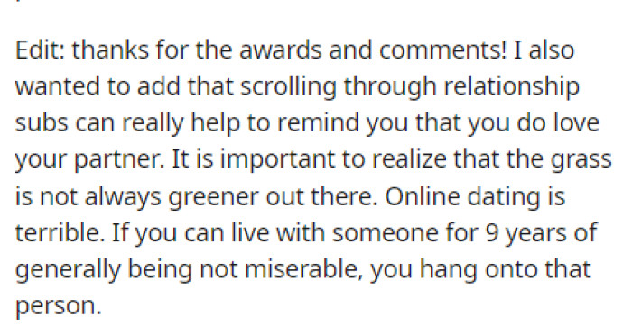 They edited to add that these relationship threads aren't all bad and that they can help you notice that you do love your partner.