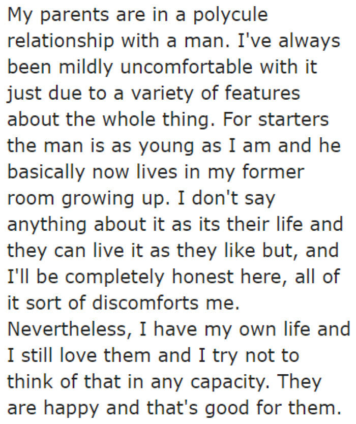 The OP explains the setup between his parents and their polycule partner.