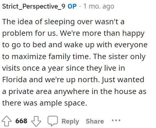 OP explained some of her reasoning here and her thoughts behind asking for another room.