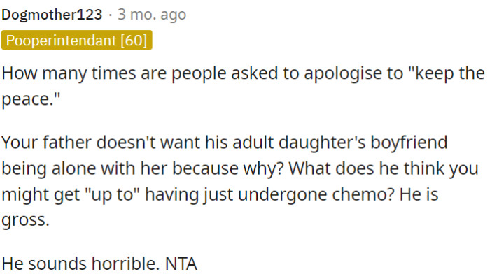 OP's dad's behavior is questionable, being overprotective despite her health struggles.