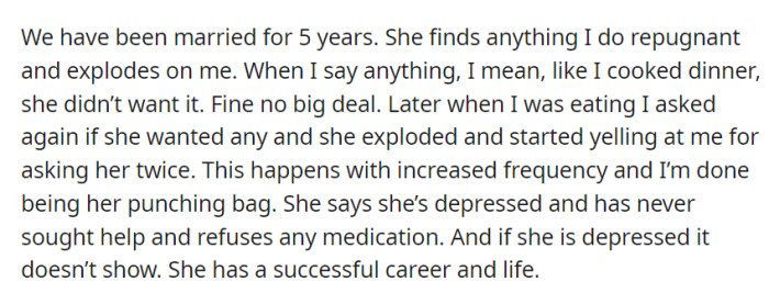 In their 5-year marriage, OP's wife's unexplained anger and refusal to seek help for her supposed depression have left him feeling like her emotional punching bag, despite her successful career and life.