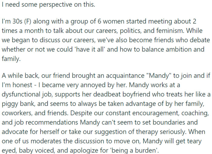 OP Seeks Perspective on a Situation Involving a Women's Group She Is Part Of