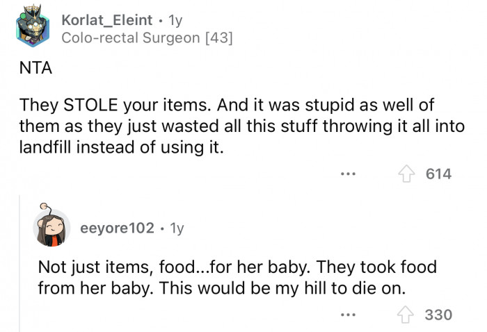 The SIL took food from a baby that she is not willing to replace.