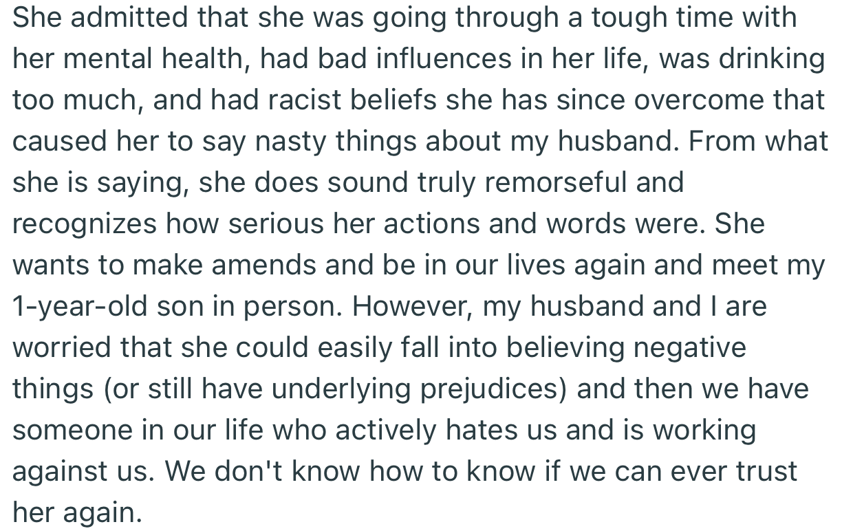 While OP’s sister was eager to come back into their lives, the couple was not so eager to bring her close