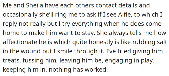 The OP had tried everything to make Alfie stay home, but nothing worked.