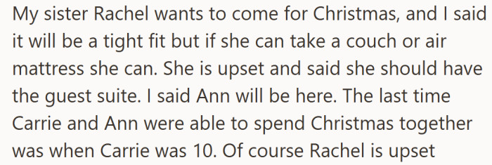 This part introduces the conflict as Rachel insists she deserves the guest room for Christmas.