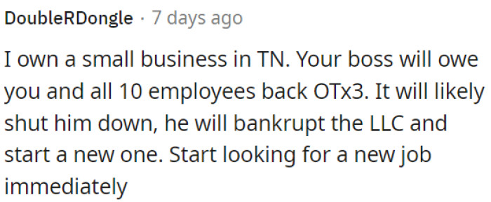 OP is entitled to overtime pay at his small business in Tennessee