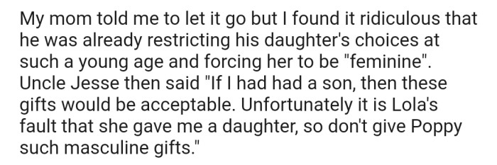 OP's uncle then made a statement insinuating that having a daughter is his wife's fault