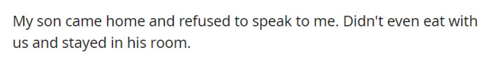 When OP's son returned home, he declined to engage with them, opting not to join for dinner and isolating himself in his room.