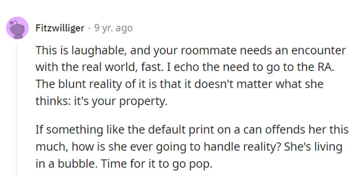 Indeed, living in a bubble of soda sensitivity isn't a sustainable strategy for handling the real world. Time for her to confront the prickly realities beyond the fizz and pop.