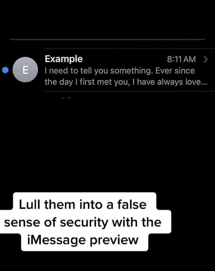 The screenshot below is from his TikTok video where he shows this example: “I’m in the hospital. In so much pain. I have no idea how, but the doctor told me I bro—…” This makes the recipient feel like they need to open the video instantly.