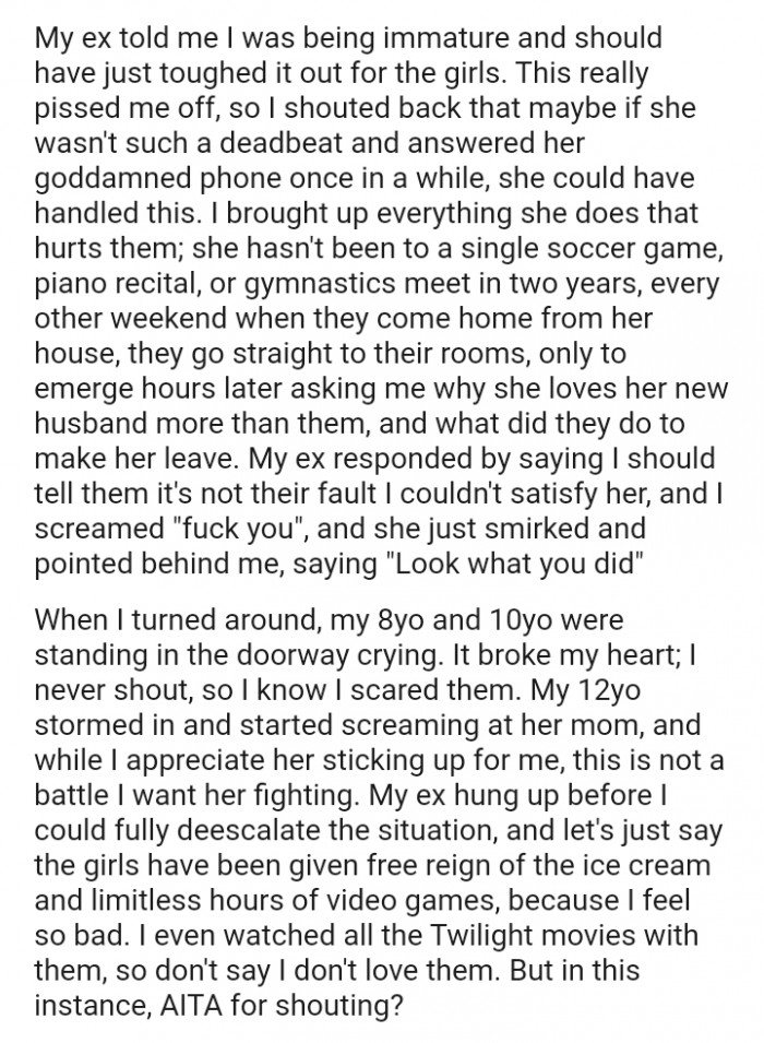 The ex responded by saying the OP should tell them it's not their fault he couldn't satisfy her