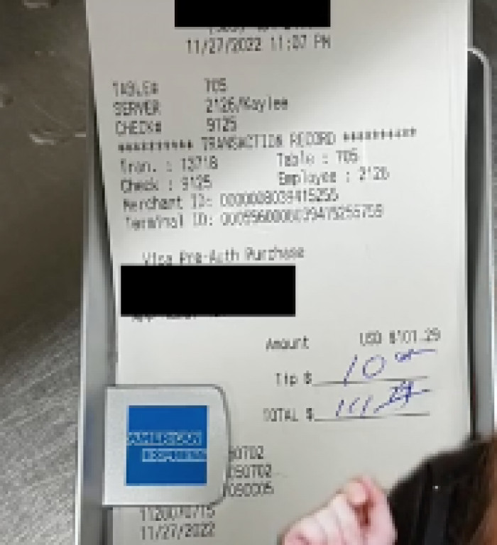 Incredibly, he’d only tipped $10 on a bill that was more than $100, which is less than 10 percent.