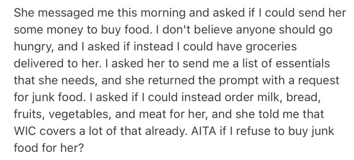 OP asked the mom to send a grocery list so she could help her with some food. But she was shocked to receive a list of junk food instead of essentials