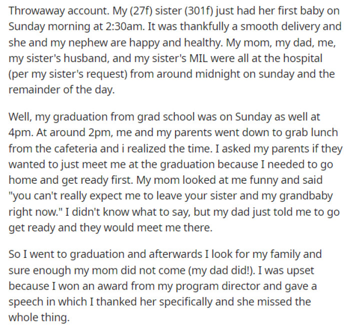 This is when OP starts her post and explains the situation with her sister going into labor and her mom missing her graduation because of it.