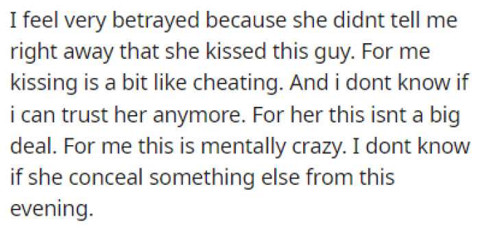 OP Feels Betrayed and Now He Doesn't Feel Like He Can Trust Her Anymore