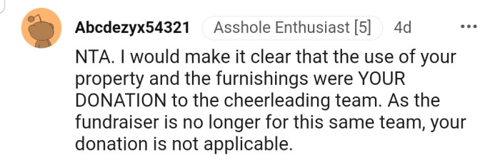 OP's donation was strictly for the cheerleading team, and the cheerleading team alone!