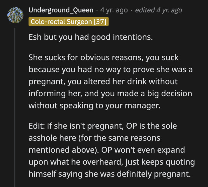 If the OP guessed right that the woman is indeed pregnant, then sure, everyone sucks. However, we and the OP do not actually know if the woman is pregnant.