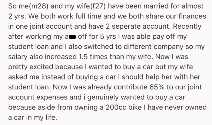 OP’s wife wants him to help pay her student loan