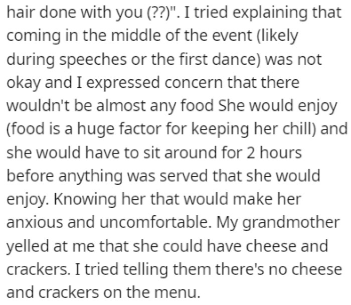 OP tried explaining that the aunt wouldn't have anything to eat at the wedding