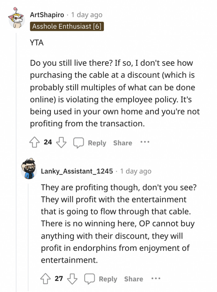 The rule doesn't apply since the HDMI cable will be used in the house where she lives.