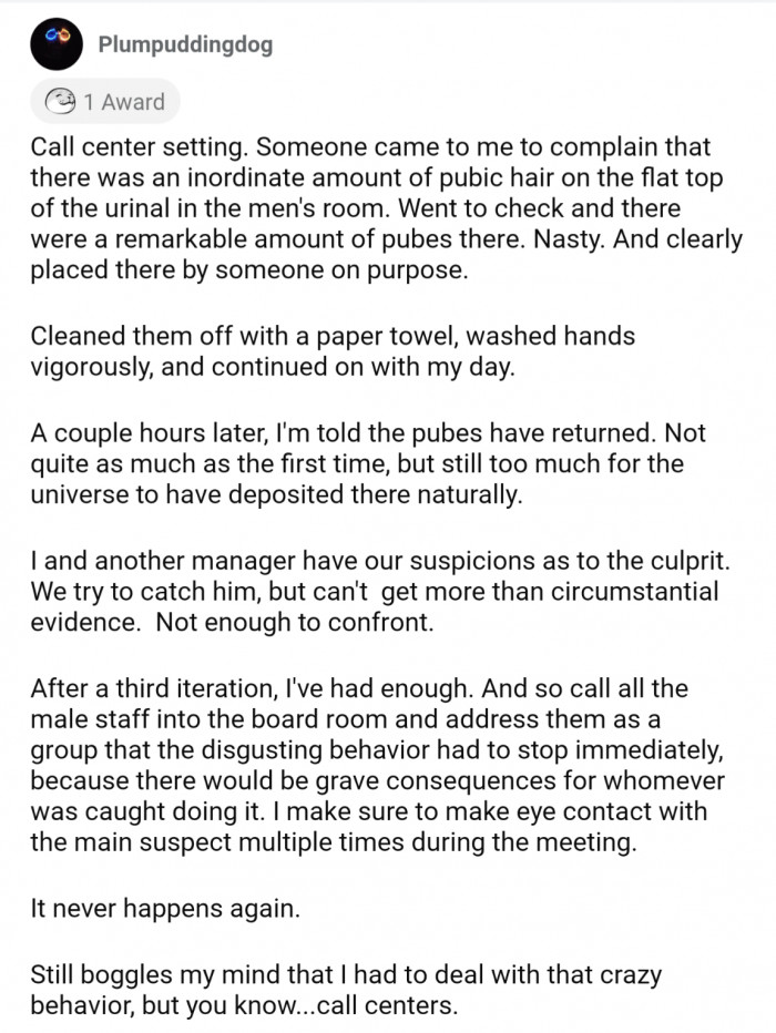 18. Pubic hair debacle at a call center