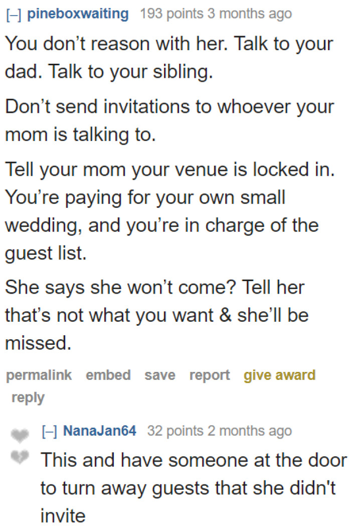 The OP doesn't have to talk to her mom. She can just convince her dad and sibling to come.