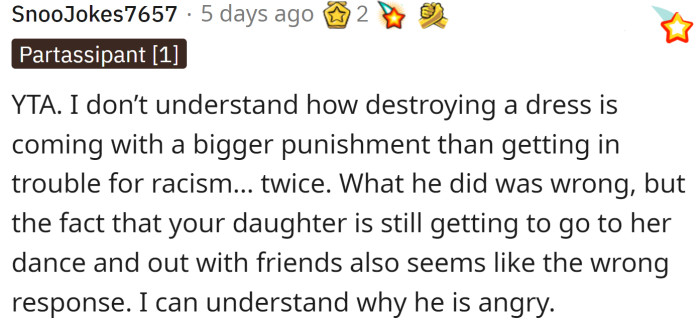 How can a punishment for destroying a dress be more severe than a punishment for racism?