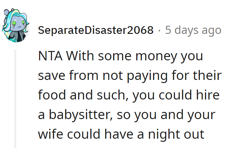 Skip the in-law tab and invest in a babysitter fund. Date night: better company, no parental drama.