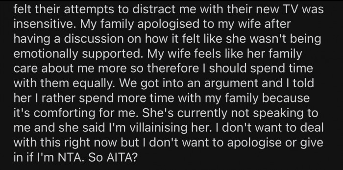OP's wife feels like her family cares more about him.