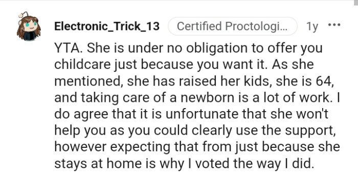 OP's mom is under no obligation to offer her childcare