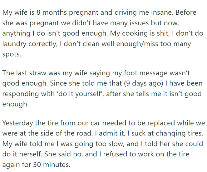 OP and his partner, a couple in a committed six-year relationship, are currently experiencing the trials and tribulations of an eight-month pregnancy journey.