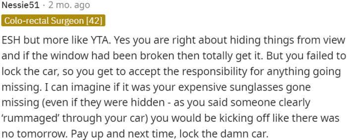 OP is in the wrong because she failed to lock the car