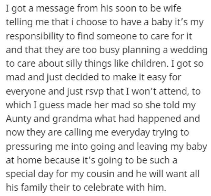 OP received a text from the cousin's fiancée telling her that a babysitter is her responsibility