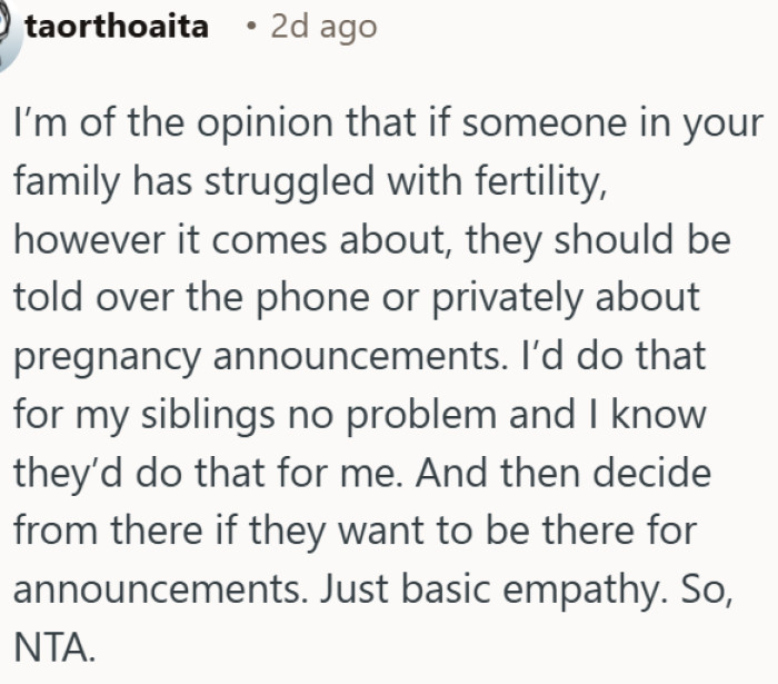 A private call before a pregnancy announcement is the least you can do for a struggling family member.