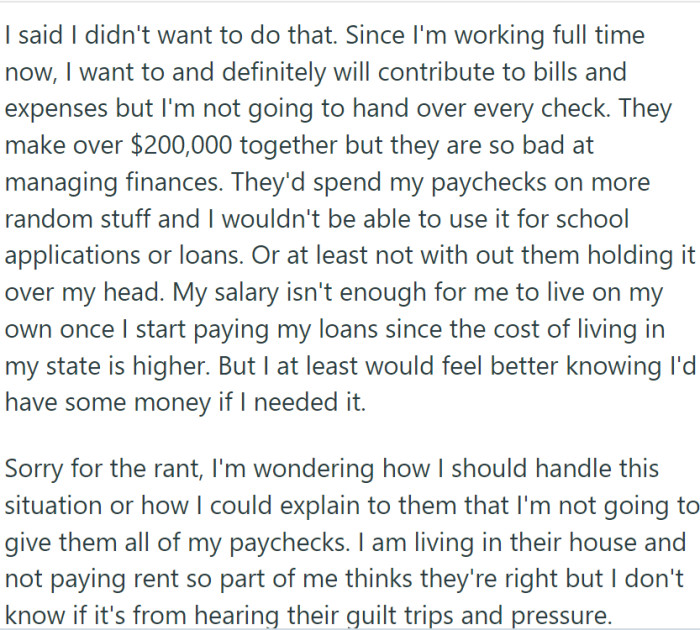 However, a recent conversation with her parents took an unexpected turn - they want to control the money