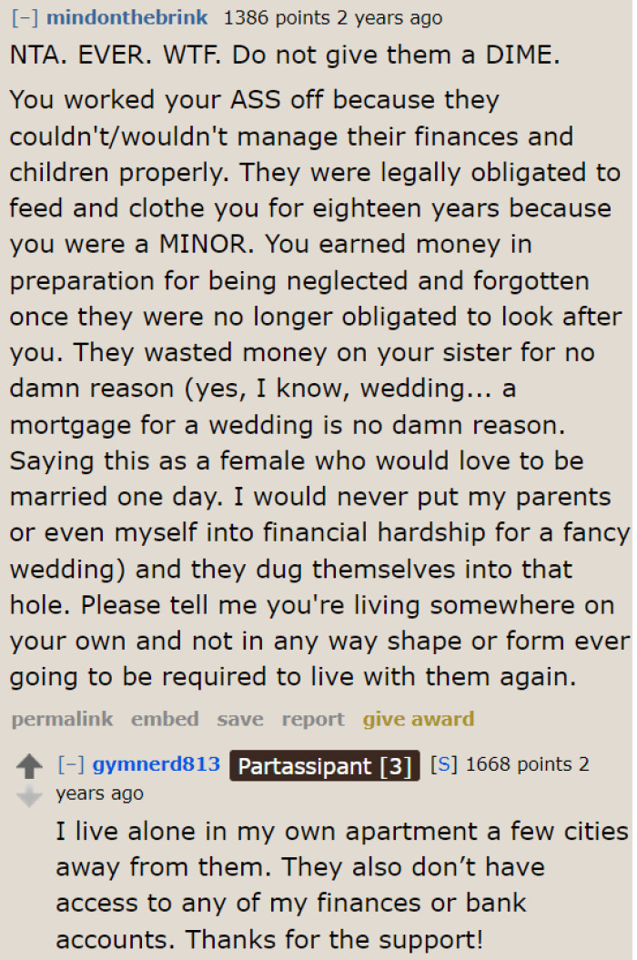 What the parents did was neglect the OP. Therefore, the OP shouldn't feel bad about not giving them money.