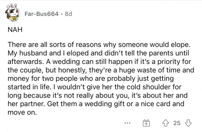 There are numerous reasons someone might elope that aren't all negative.