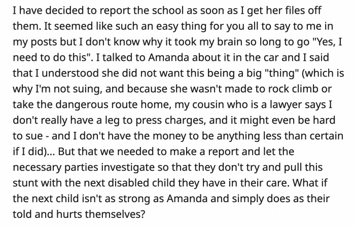 OP will not sue the school per the advice of her lawyer, but she will report them once she gets Amanda's records.