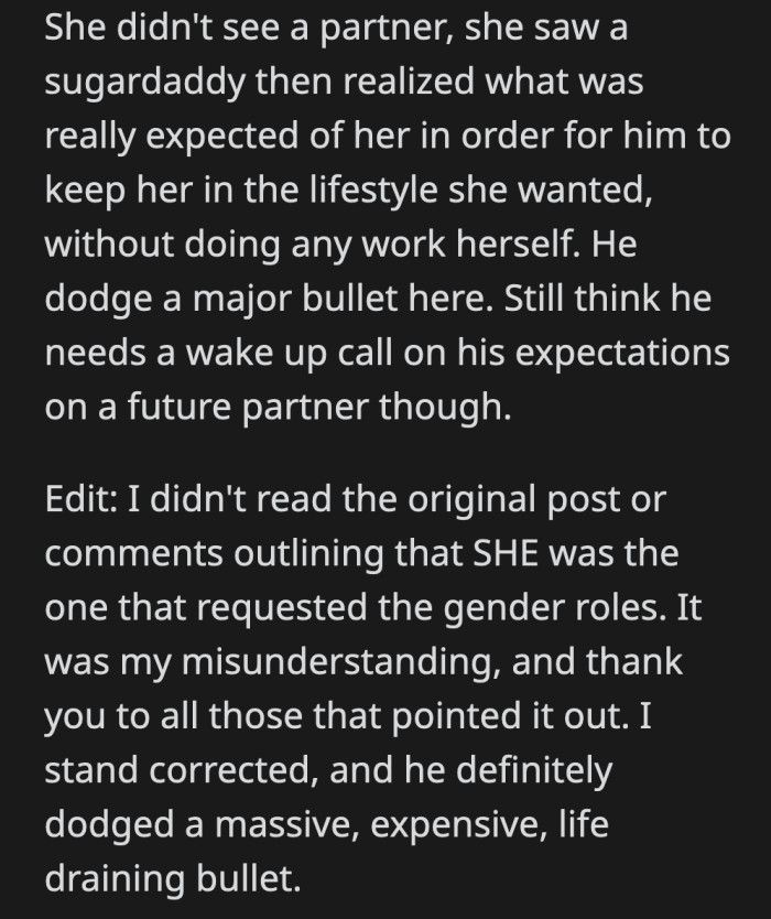 However, that original agreement was his ex's idea and OP operated within that