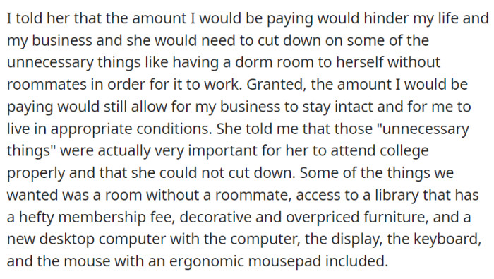 OP suggested cost-saving measures like shared housing, considering her business and personal commitments.