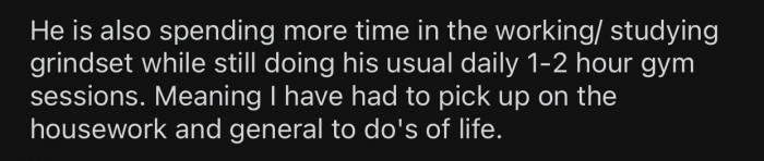 OP had to even take on some additional chores because of her partner's “grindset.”