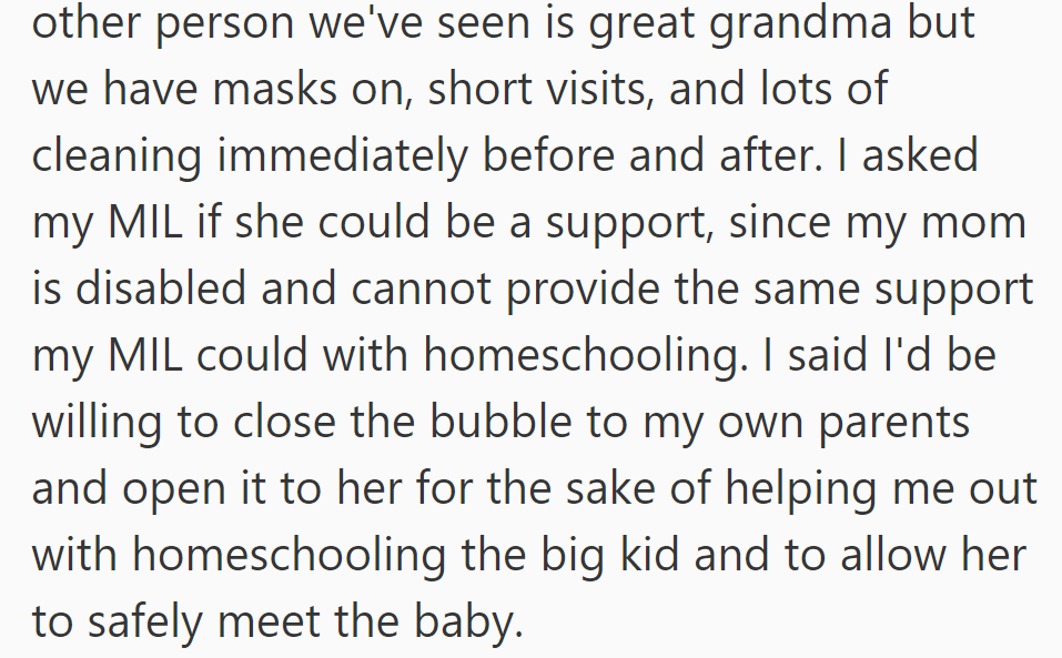 Proposed MIL join bubble for homeschooling support and to meet the baby safely, offering to adjust the bubble accordingly.