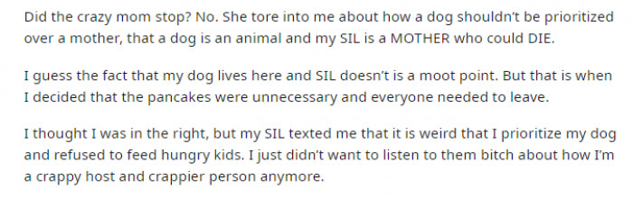 The woman went on about how it wasn't right to prioritize a dog over her SIL, and how she could die if she came in contact with the peanut butter.