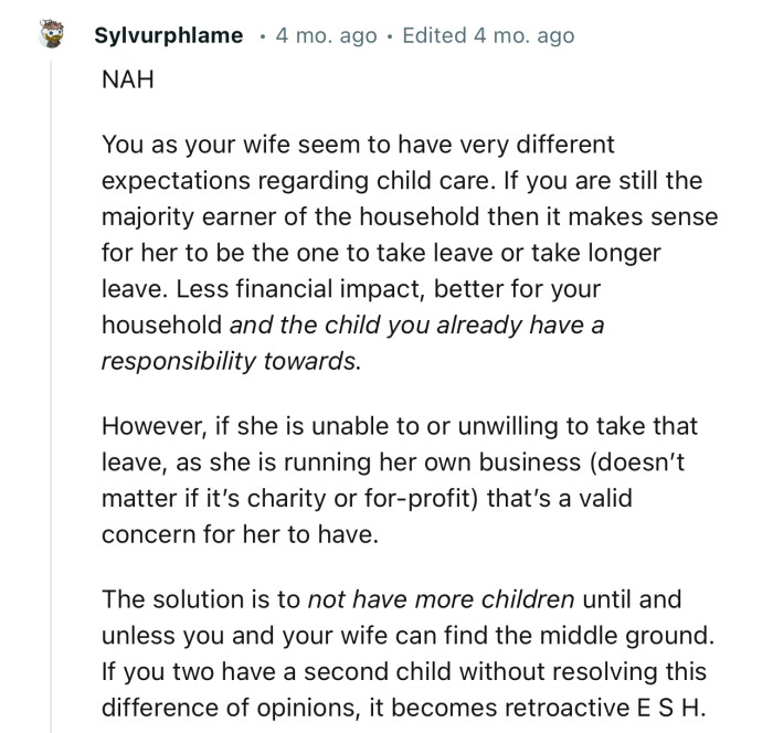 “Don’t have more children until and unless you and your wife can find middle ground.”