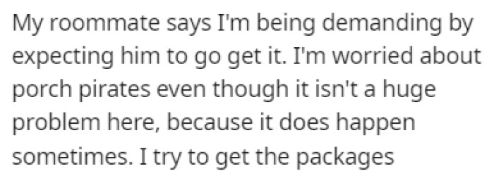 The roommate says that OP is being too demanding, but OP is worried about porch pirates
